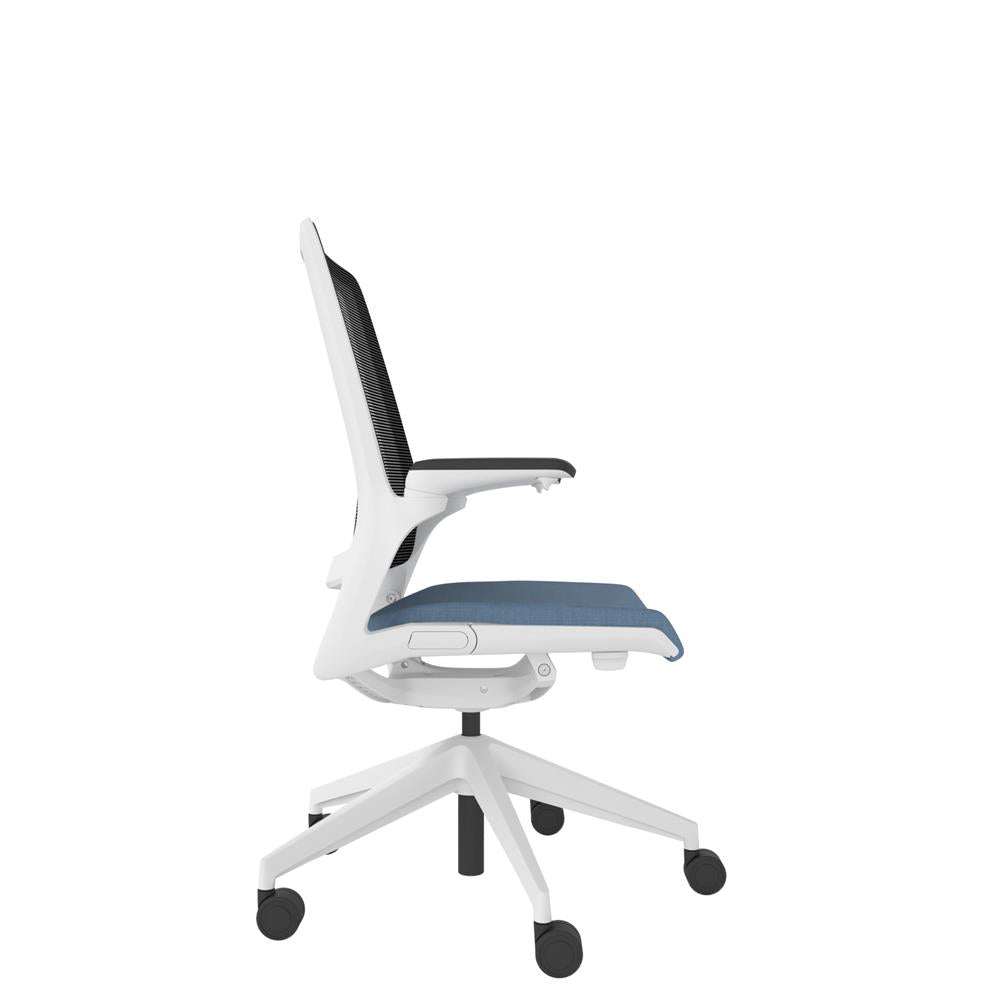 KN100W Designer Mesh Back Chair with blue seat and White base. Side view
