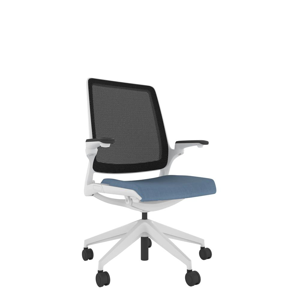 KN100W Designer Mesh Back Chair with blue seat and White base. 