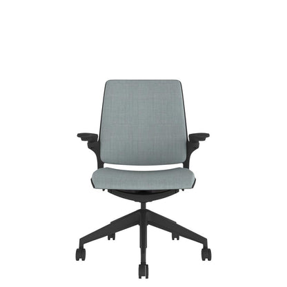 KN200 Designer Upholstered Back Chair in grey with Black base. Front view