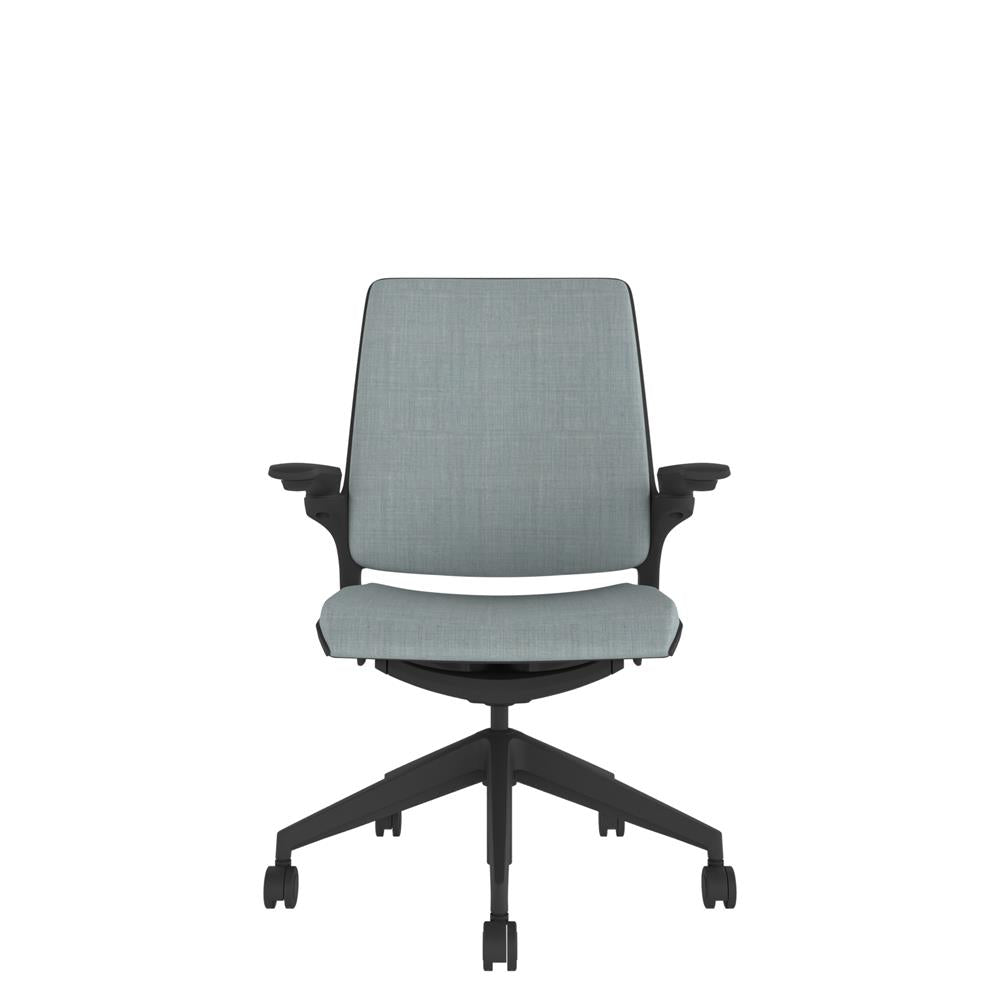 KN200 Designer Upholstered Back Chair in grey with Black base. Front view