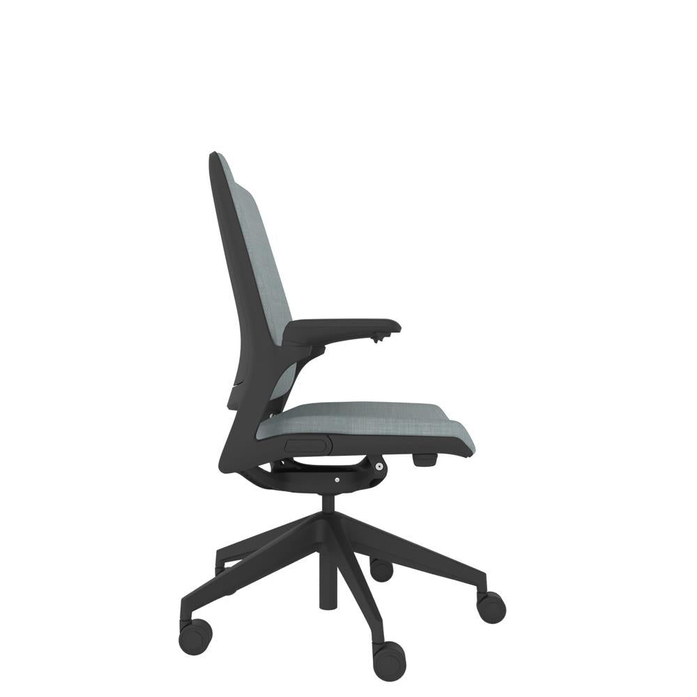 KN200 Designer Upholstered Back Chair in grey with Black base. Side view