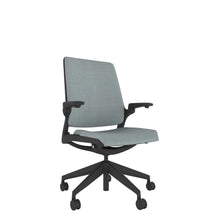 KN200 Designer Upholstered Back Chair in grey with Black base. 