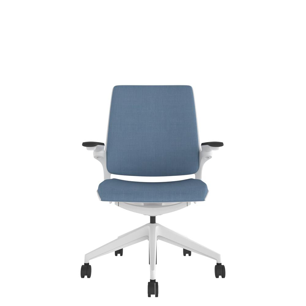 KN200W Designer Upholstered Back Chair in blue with White base. Front view
