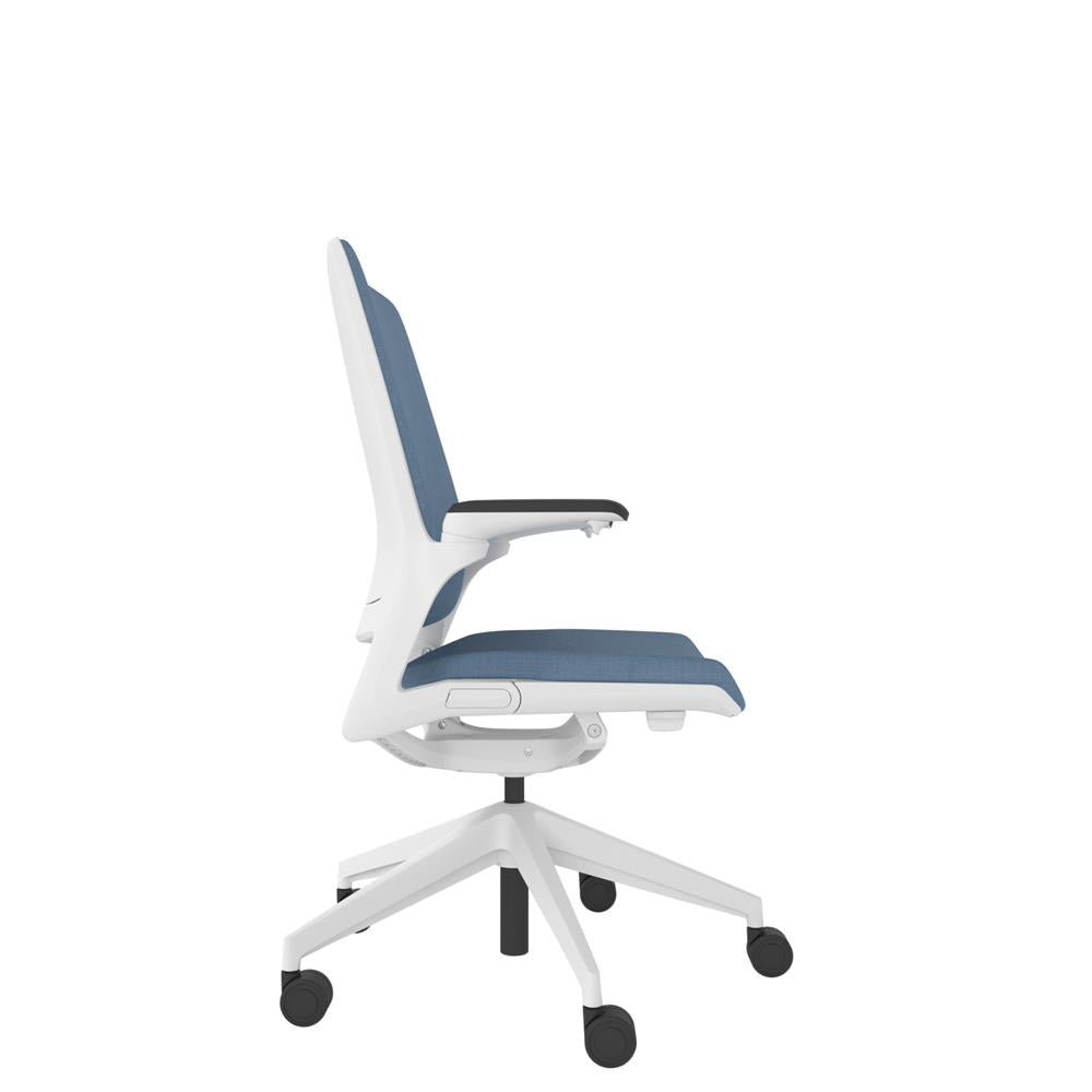 KN200W Designer Upholstered Back Chair in blue with White base. Side view