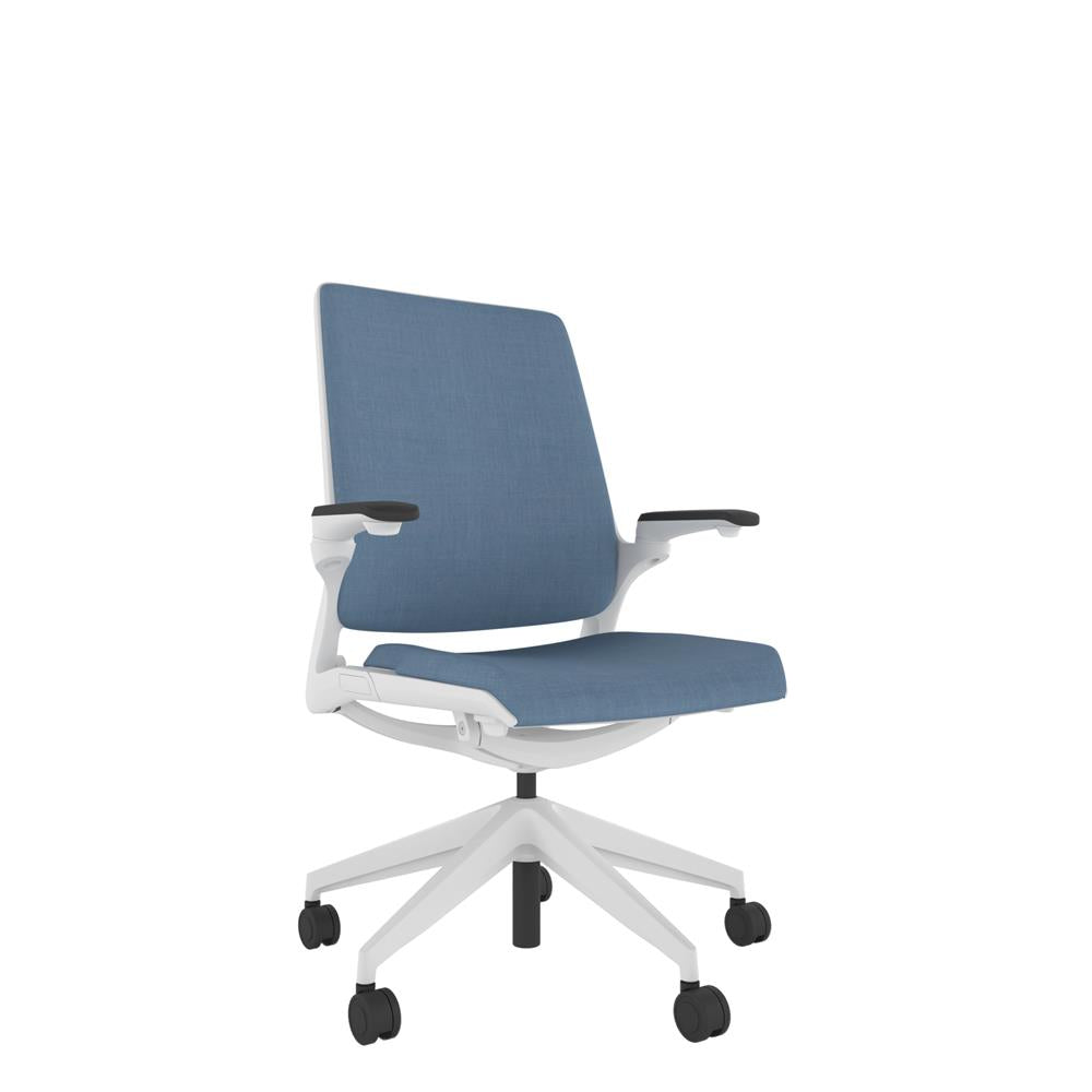 KN200W Designer Upholstered Back Chair in blue with White base