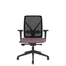 YE202 YOU Mesh Ergo Chair With 2D Arms in black mesh back, purple seat and black body. Front view
