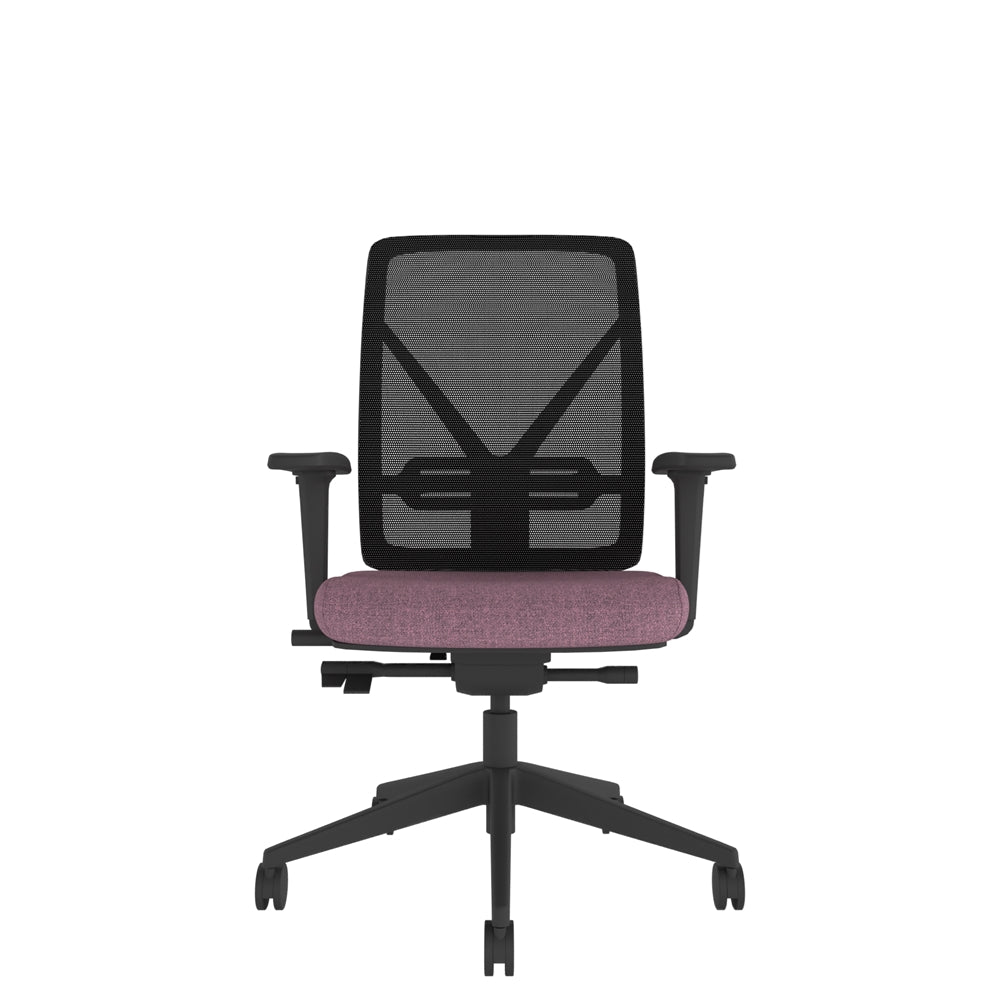 YE202 YOU Mesh Ergo Chair With 2D Arms in black mesh back, purple seat and black body. Front view