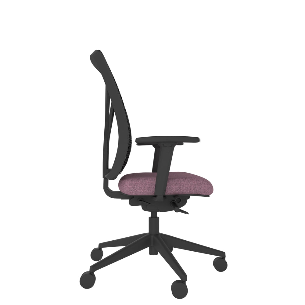 YE202 YOU Mesh Ergo Chair With 2D Arms in black mesh back, purple seat and black base. Side view