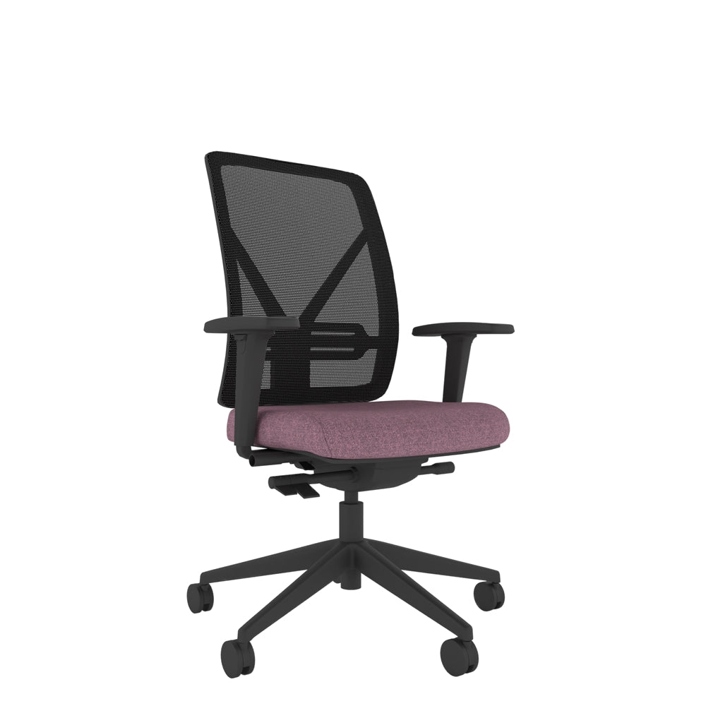 YE202 YOU Mesh Ergo Chair With 2D Arms in black mesh back, purple seat and black base. 