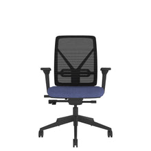 YE204 YOU Mesh Ergo Chair With 4D Arms in black mesh back, blue seat and black base. Front view