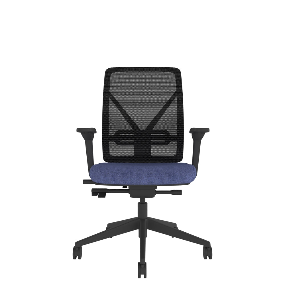 YE204 YOU Mesh Ergo Chair With 4D Arms in black mesh back, blue seat and black base. Front view