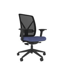 YE204 YOU Mesh Ergo Chair With 4D Arms in black mesh back, blue seat, black base. Side view