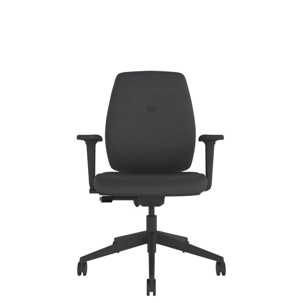 YT102 YOU Upholstered Task Chair With 2D Arms in grey with black base, front view