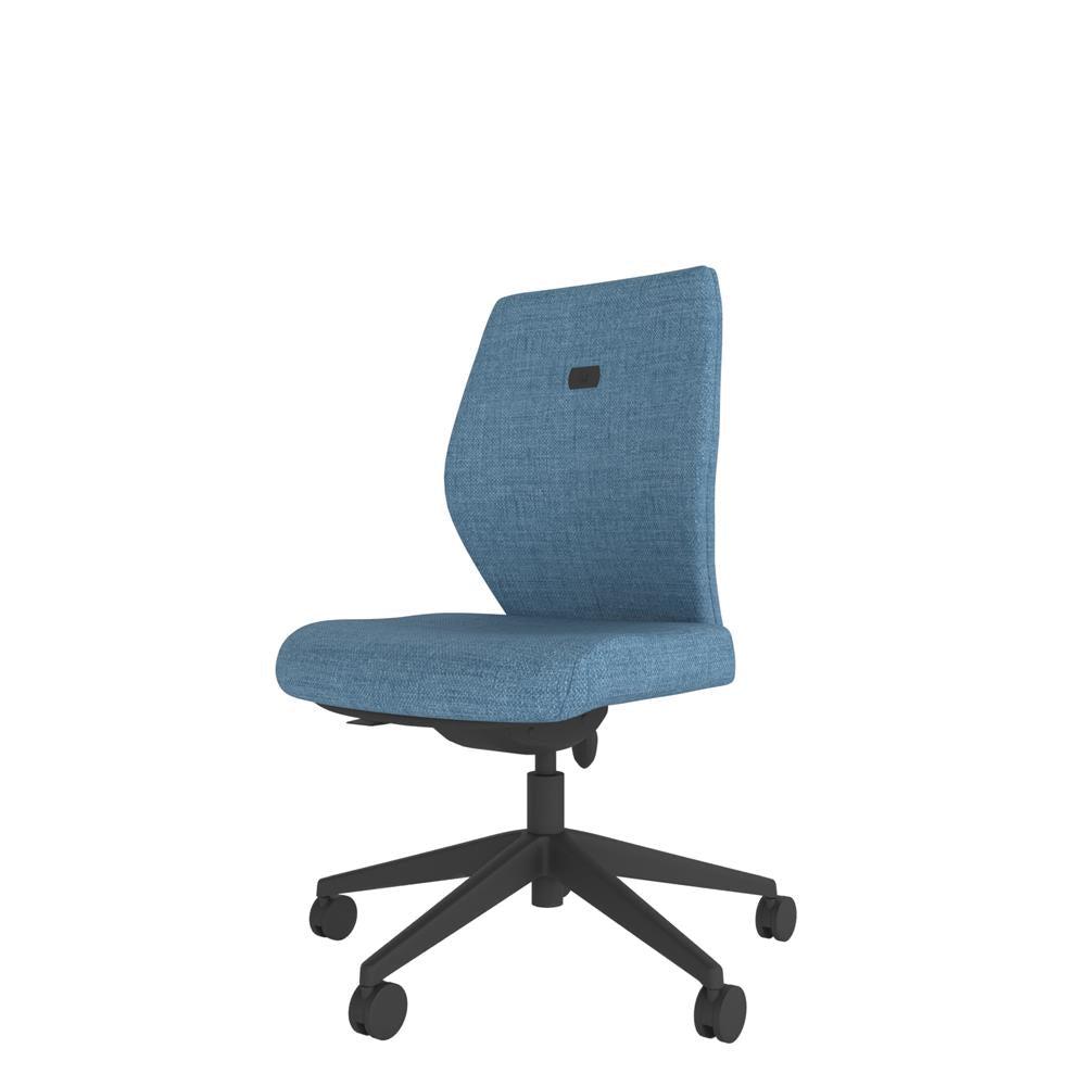 ICM100 Upholstered Medium Back Ergonomic Chair in blue with black base, front view