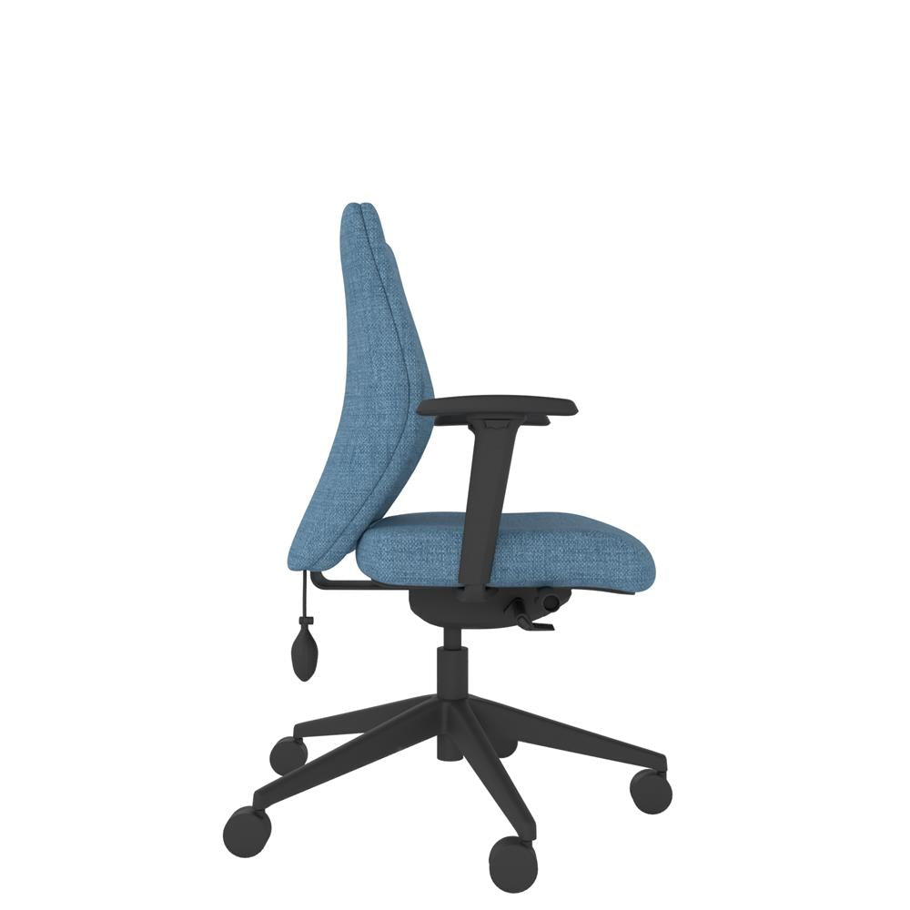 ICM 102 Upholstered Medium Back Ergonomic Chair With 2D Arms in blue with  black base, Side view