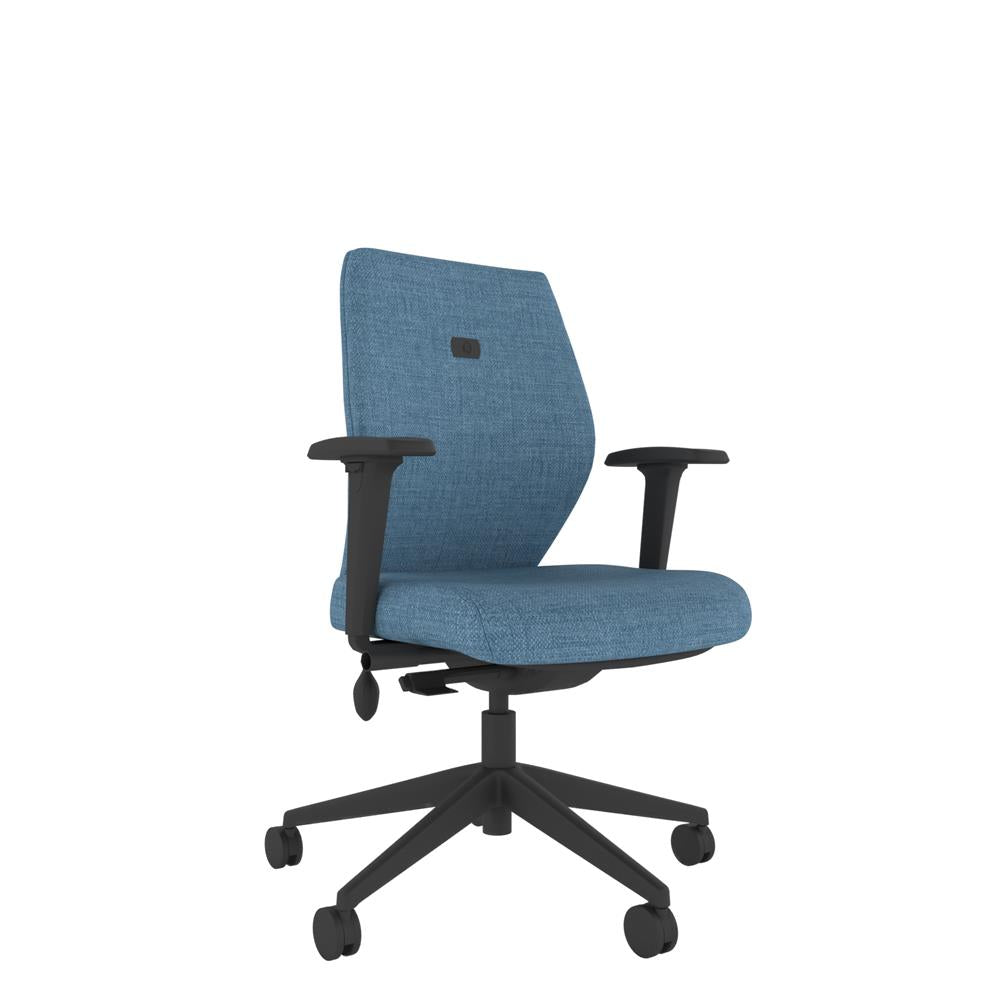 ICM 102 Upholstered Medium Back Ergonomic Chair With 2D Arms in blue with  black base,
