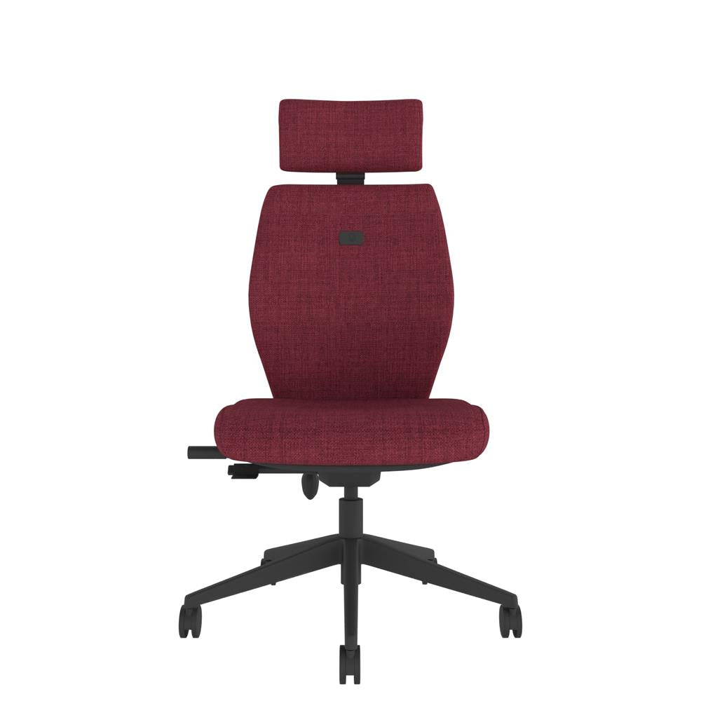 ICM200 Upholstered Medium Back Ergonomic Chair With 2D Arms and Headrest in red with black base. Front view