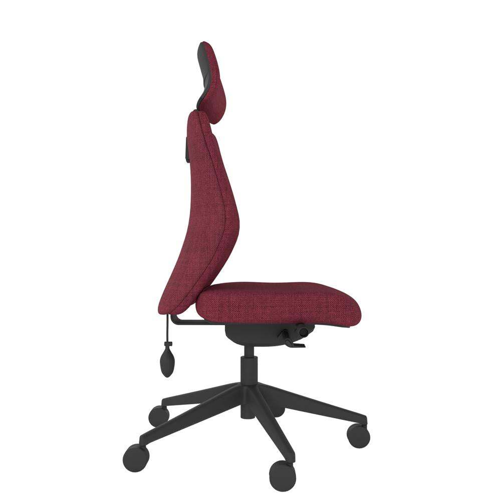 ICM200 Upholstered Medium Back Ergonomic Chair With 2D Arms and Headrest in red with black base. Side view