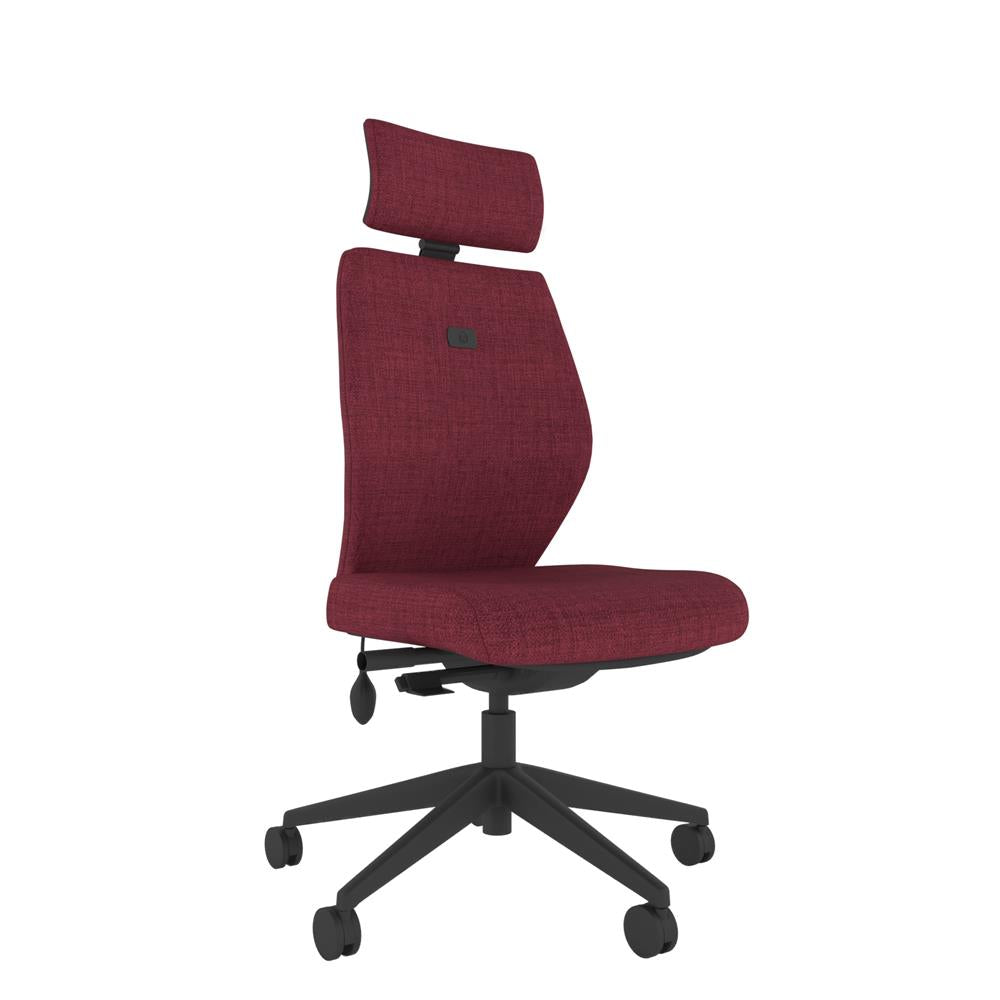 ICM200 Upholstered Medium Back Ergonomic Chair With 2D Arms and Headrest in red with black base. 