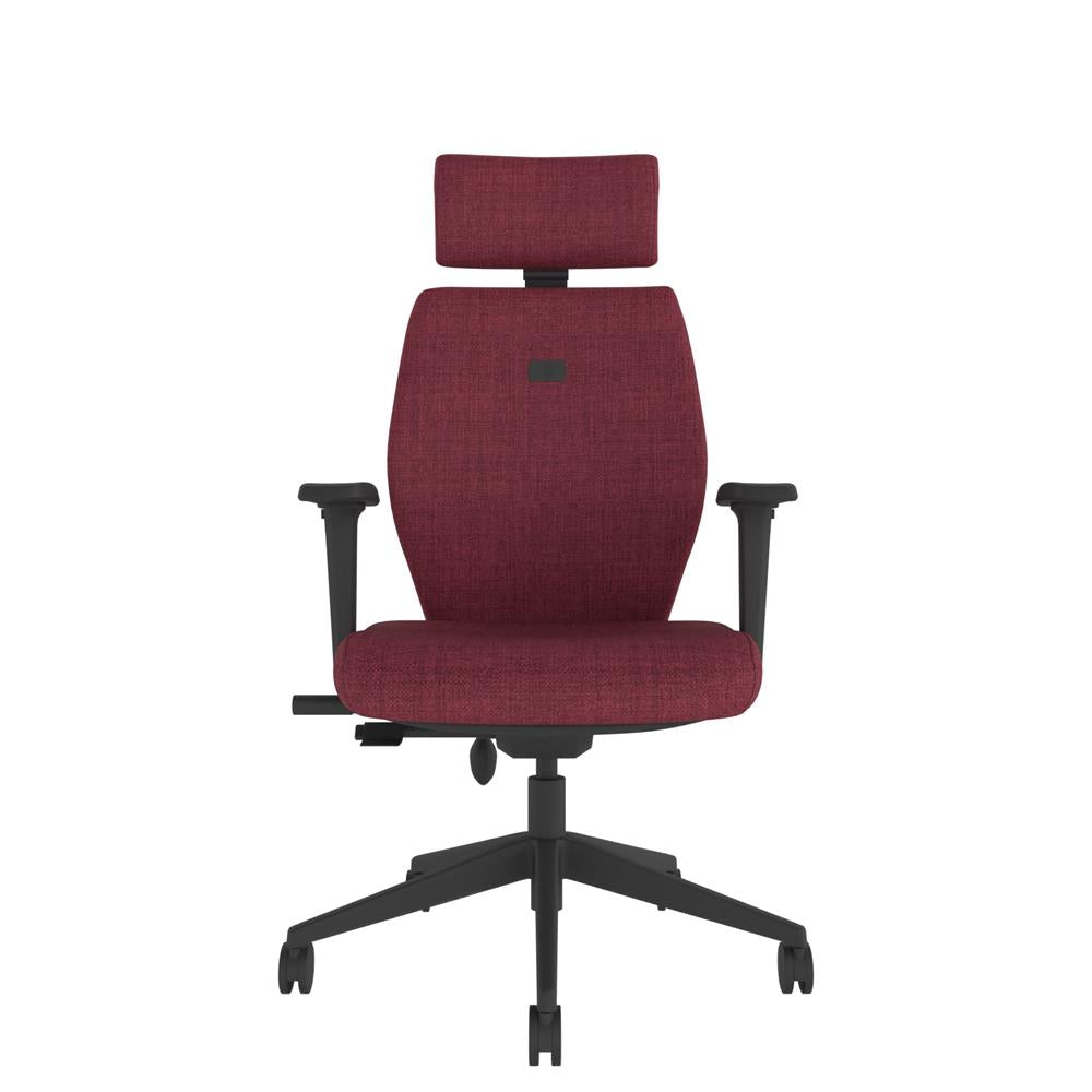 ICM 202 Upholstered Medium Back Ergonomic Chair With 2D Arms and Headrest in red with black base. Front View