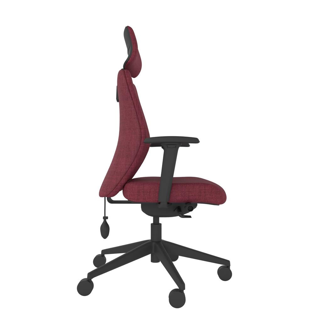 ICM 202 Upholstered Medium Back Ergonomic Chair With 2D Arms and Headrest in red with black base. Side View