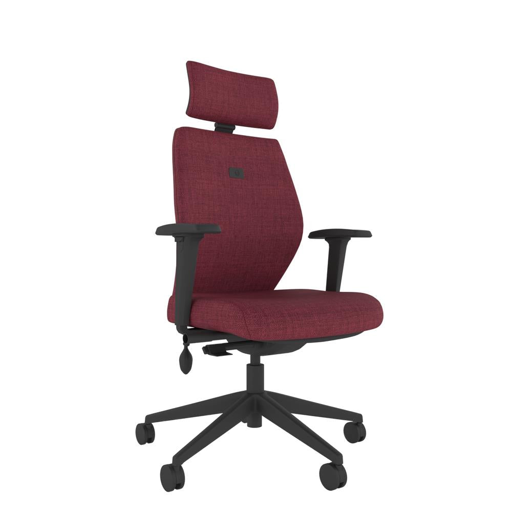 ICM 202 Upholstered Medium Back Ergonomic Chair With 2D Arms and Headrest in red with black base. 