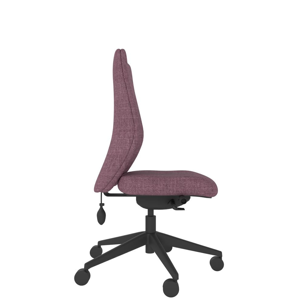 ICM300 Upholstered High Back Ergonomic Chair in purple with black base. Side view