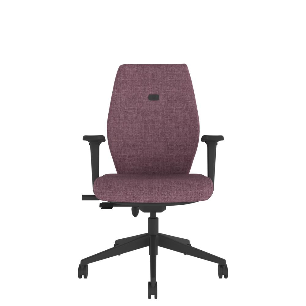 ICM302 Upholstered High Back Ergonomic Chair With 2D Arms in purple with black base. Front view. 