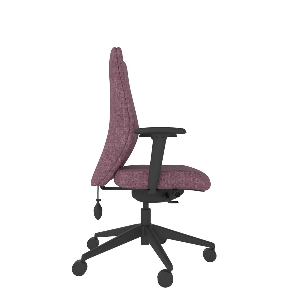 ICM302 Upholstered High Back Ergonomic Chair With 2D Arms in purple with black base. Side view. 