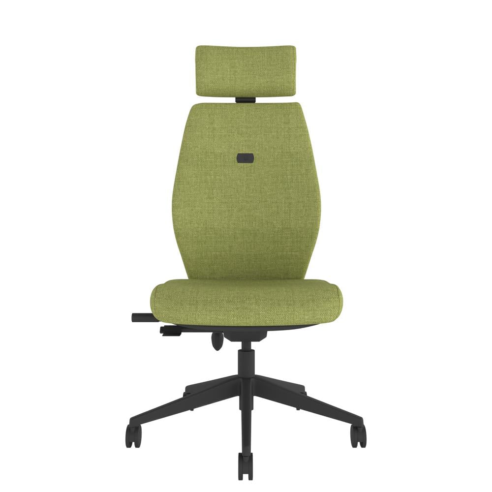 ICM400 Upholstered High Back Ergonomic Chair With Headrest in green with black base. Front view