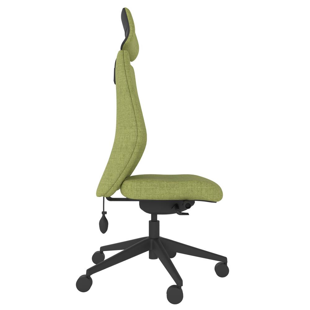 ICM400 Upholstered High Back Ergonomic Chair With Headrest in green with black base. Side view