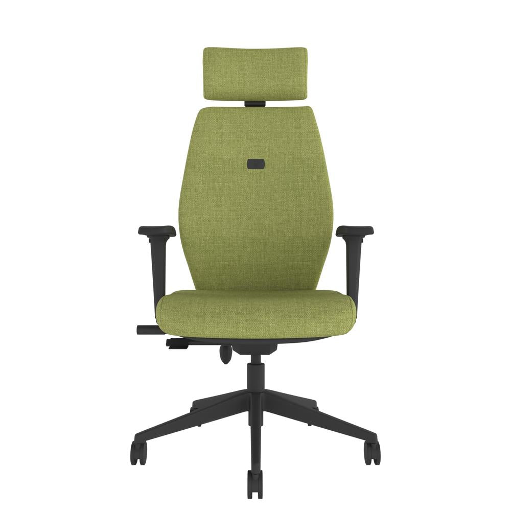 ICM 402 Upholstered High Back Ergonomic Chair With 2D Arms and Headrest in green with black base. Front view