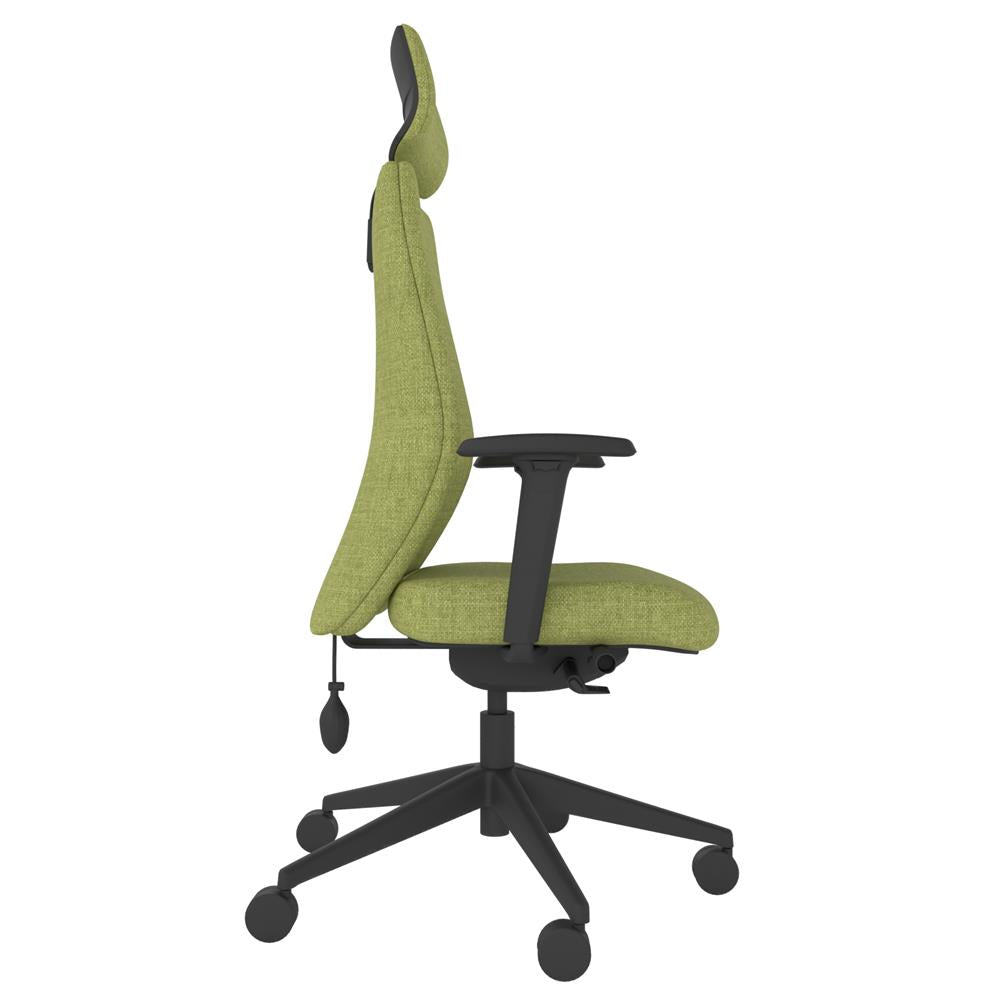 ICM 402 Upholstered High Back Ergonomic Chair With 2D Arms and Headrest in green with black base. Side view