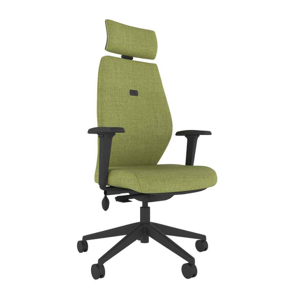 ICM 402 Upholstered High Back Ergonomic Chair With 2D Arms and Headrest in green with black base. 