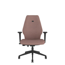 ICT102 Upholstered Ergo Back i-Con With 2D Arms in pink with black base. Front View