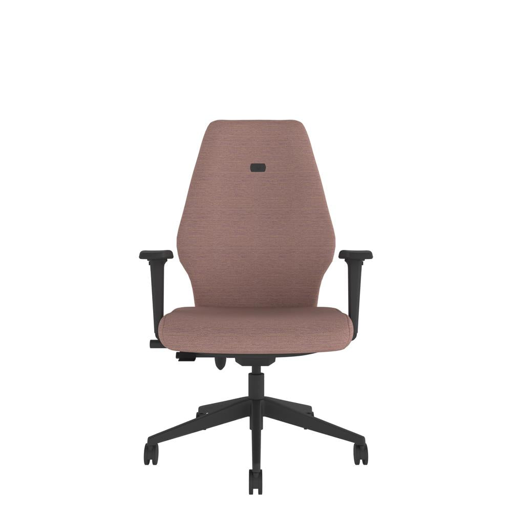 ICT102 Upholstered Ergo Back i-Con With 2D Arms in pink with black base. Front View