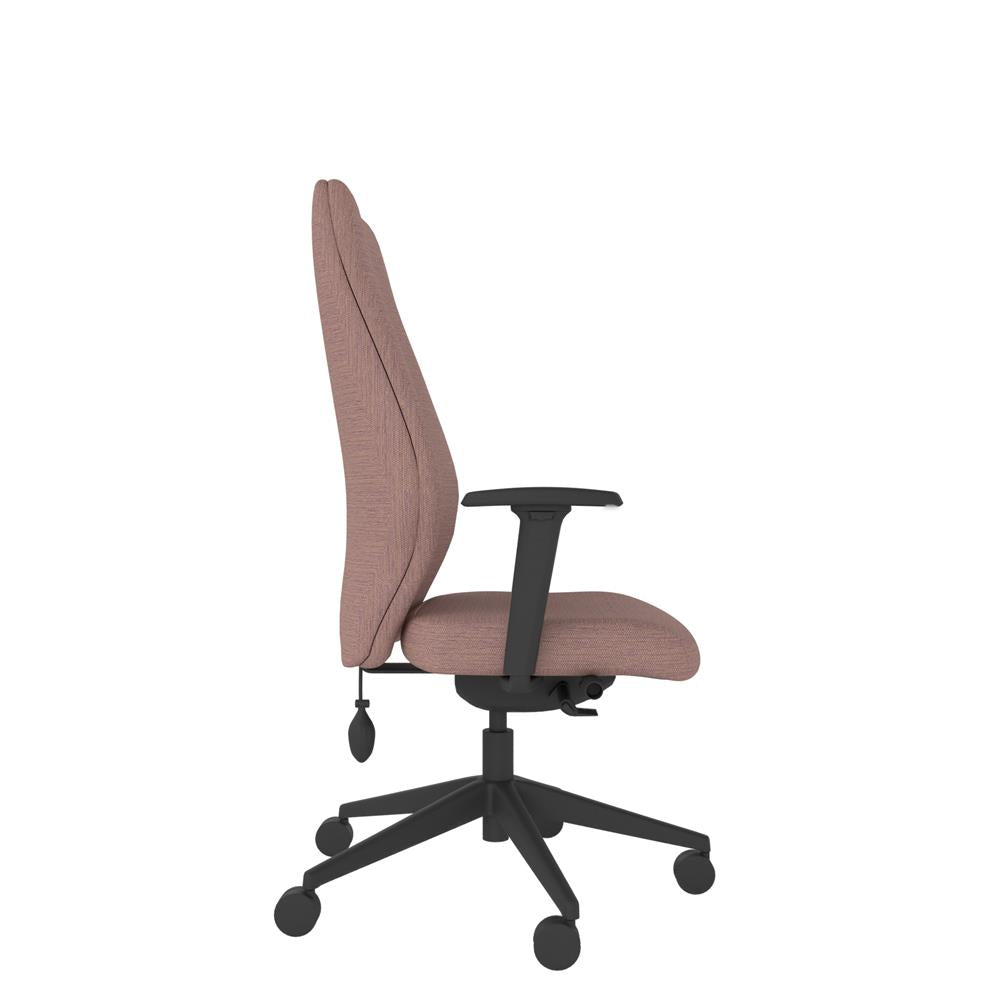 ICT102 Upholstered Ergo Back i-Con With 2D Arms in pink with black base. Side View