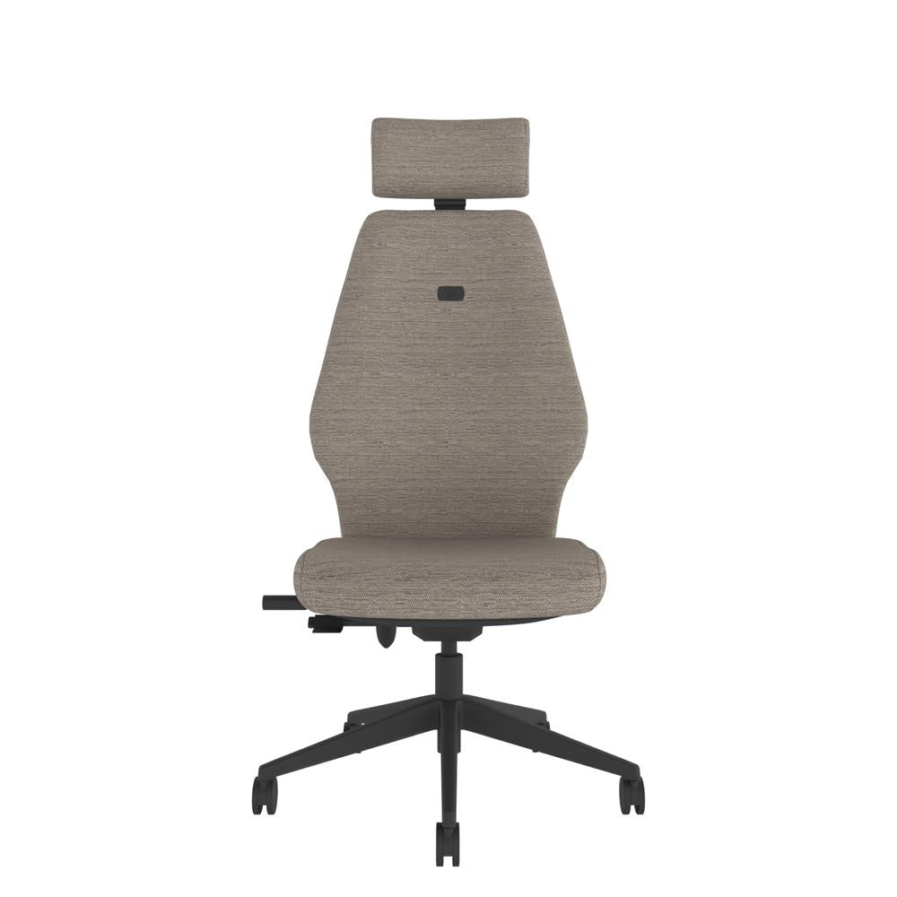 ICT200 Upholstered Ergo Back i-Con With Headrest in grey with black base. Front view