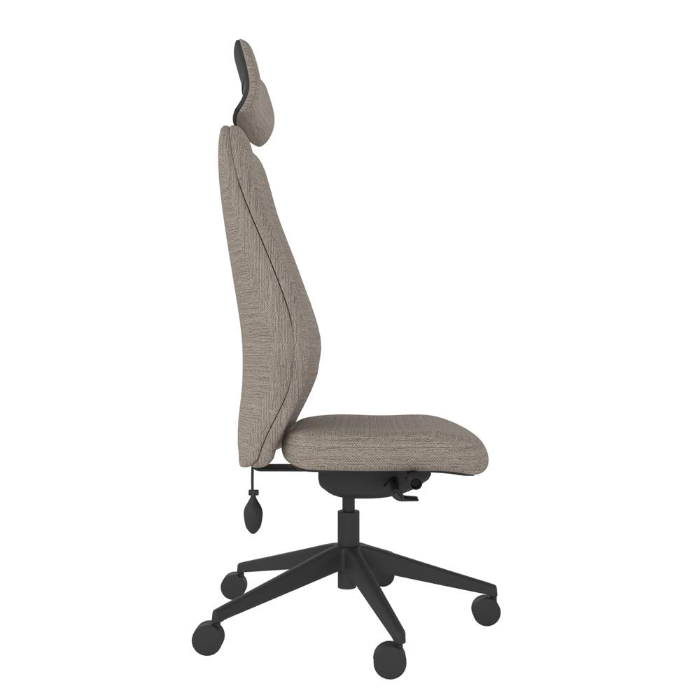 ICT200 Upholstered Ergo Back i-Con With Headrest in grey with black base. Side view