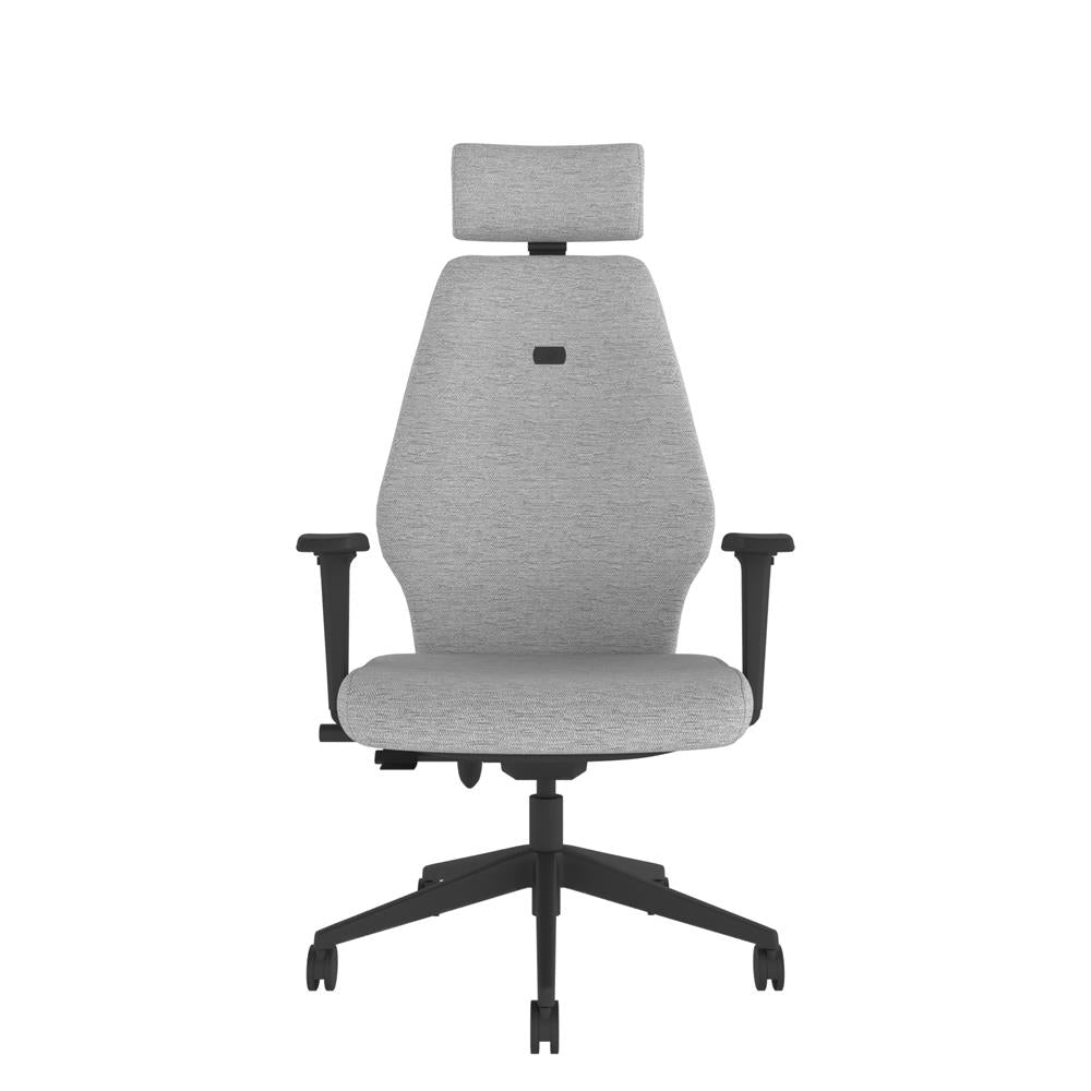 ICT202 Upholstered Ergo Back i-Con With Headrest and 2D Arms in grey with black base. Front View