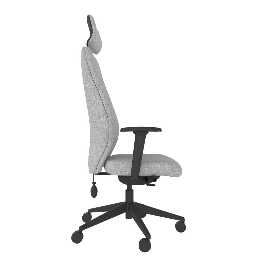 ICT202 Upholstered Ergo Back i-Con With Headrest and 2D Arms in grey with black base. Side View