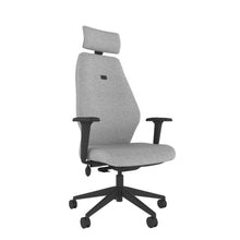 ICT202 Upholstered Ergo Back i-Con With Headrest and 2D Arms in grey with black base. 