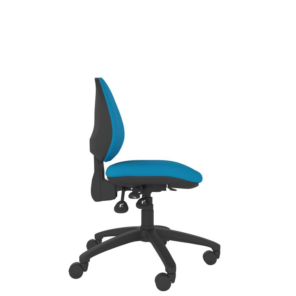 CT130 Contour High Back Chair with blue seat and black base. Side View