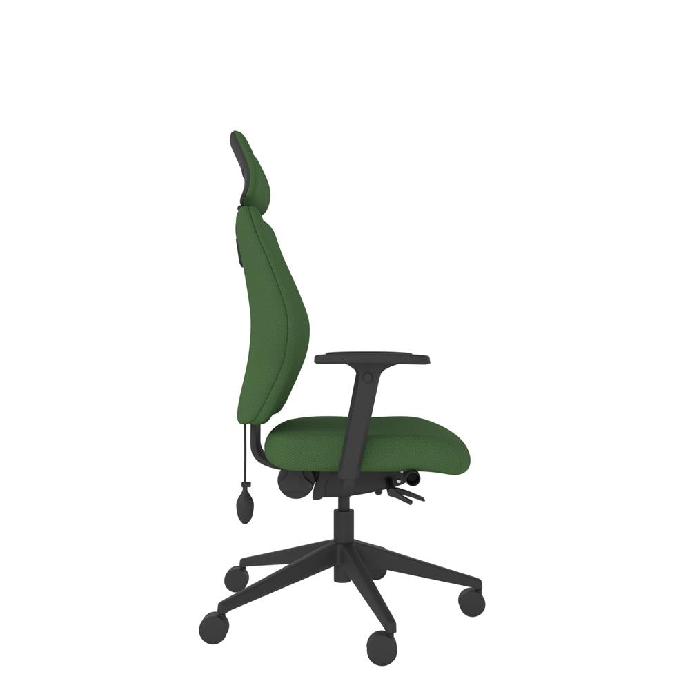 SL254 Medium Back With Headrest and Multi-Functional Arms in green with black base, side view