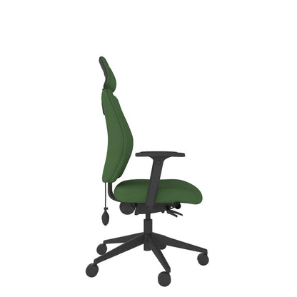 SL254 Medium Back With Headrest and Multi-Functional Arms in green with black base, side view