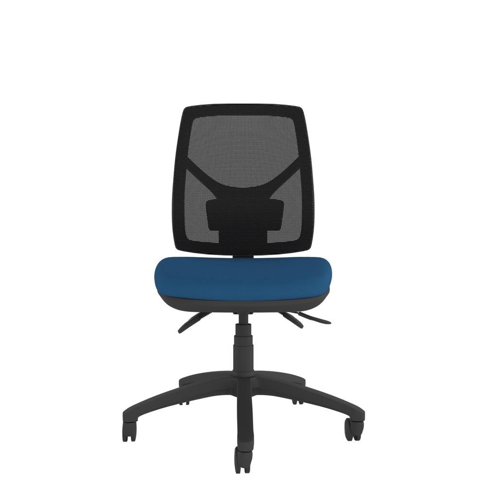 CT530 Contour High Back Chair with blue seat and black base. Front view. 