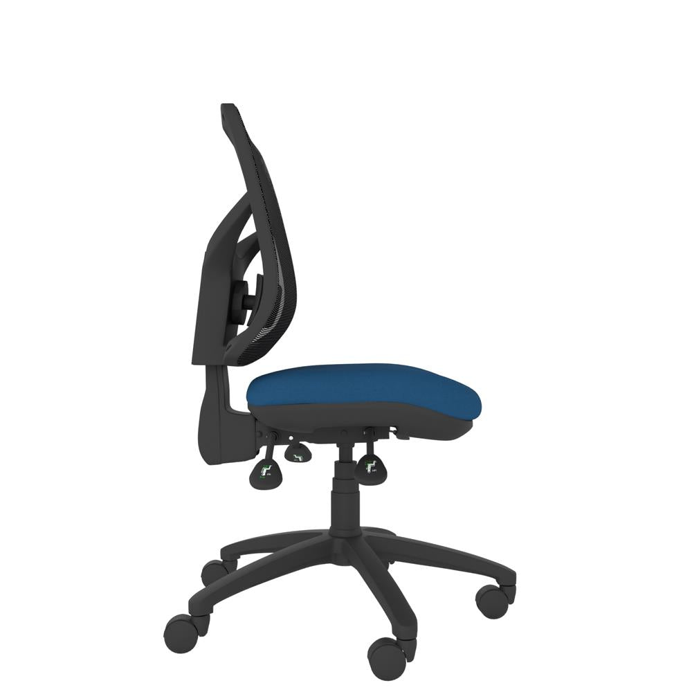CT530 Contour High Back Chair with blue seat and black base. Side view. 