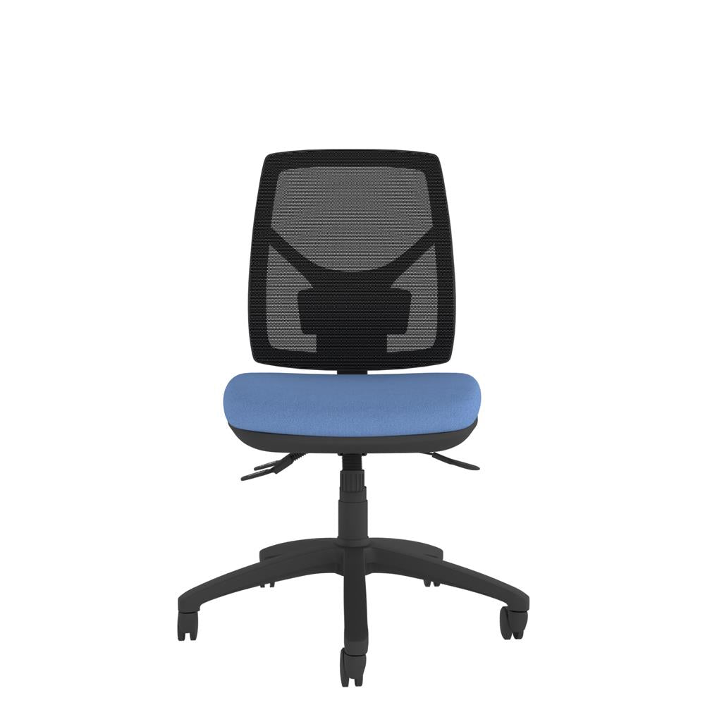CT540 Contour High Back Chair with blue seat and black base. Front view. 