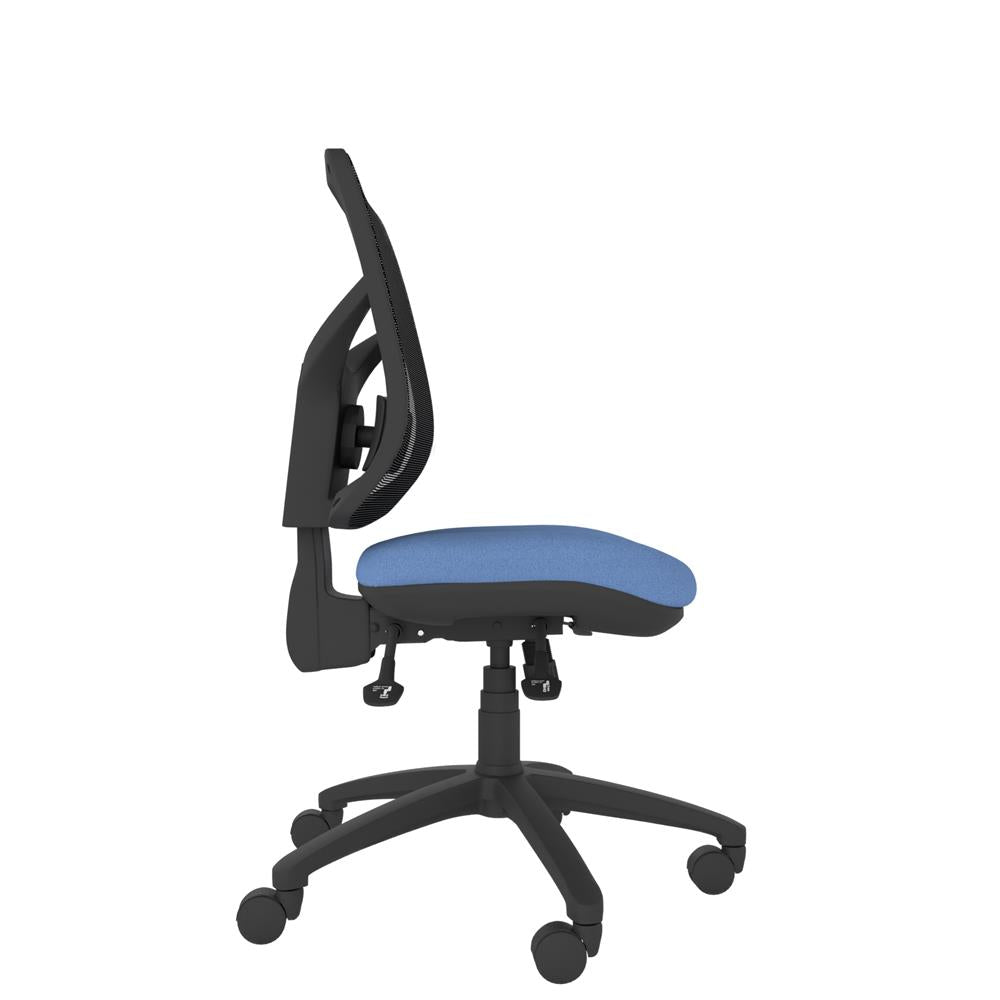 CT540 Contour High Back Chair with blue seat and black base. Side view. 