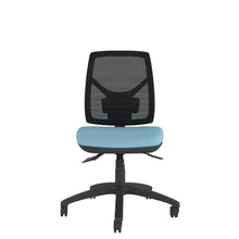 CT550 Contour High Back Chair with blue seat and black base. Front view. 